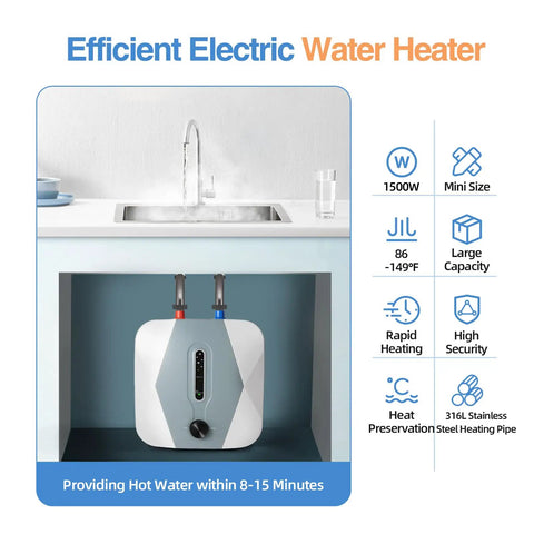 Compact Electric Mini Tank Water Heater With Ridiculously Fast 1500W Instant Hot Output Ideal For Under Sink Placement Delivers Smooth Warm Water Flow For Daily Needs With Dead Simple Setup under sink installation with visible hot and cold water connections.