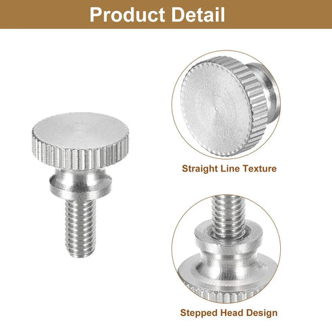 Close-up of M4x8mm Knurled Thumb Screws 5 Pieces Stainless Steel 304 with flat knurled head showing straight line texture and stepped head design.