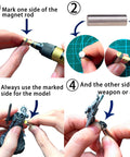 Instructional steps showing how to mark and use the Tiny 3x2mm Magnets Set With Storage Case For 3D Printing Crafts Miniatures And Small Models.