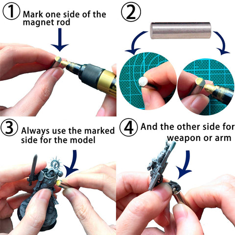 Instructional steps showing how to mark and use the Tiny 3x2mm Magnets Set With Storage Case For 3D Printing Crafts Miniatures And Small Models.