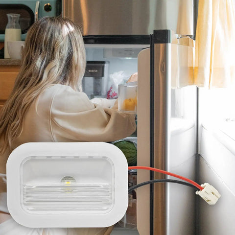 Woman accessing fridge with Refrigerator LED Light And Freezer Board Module Replacement For W10695459 W11205083 W11126053 displayed.