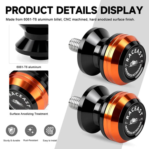 CNC aluminum M10 Swingarm Spools Slider for Motorcycles, hard anodized orange, displayed with product details.