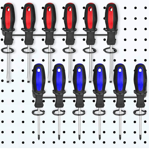 Pegboard Screwdriver And Tool Holder Rack Set With Six Ring Style Hooks For Pliers And Small Tools, Quick Clip On Mount