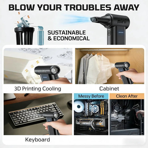 Electric Air Duster Turbo 150000 RPM With Three Gear Adjustable Mini Blower cleaning keyboard, cabinet, and 3D printer