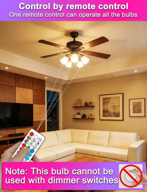 Room with fan lit by Lit Color Changing LED Light Bulbs 70W Equivalent A19 Base, RGBW Dimmable With 12 Color Options, infrared remote shown