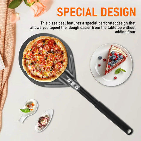 Perforated Pizza Peel With Long Handle 6 Inch Metal Spatula For Indoor And Outdoor Use shown with pizza on anodized aluminum surface. 