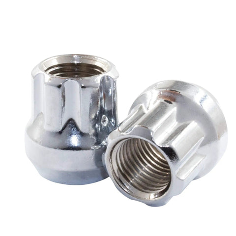 Chrome M14x1.5 Lug Nuts 25mm Long Open End Bulge Acorn Style 7 Spline shown close-up