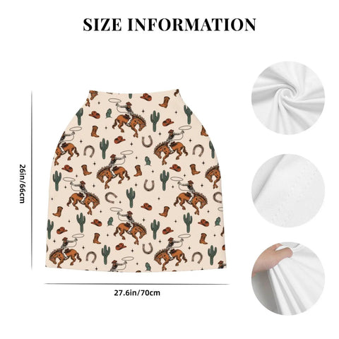 All In One Baby Car Seat Canopy And Nursing Cover with cowboy pattern, breathable fabric, 27.6in x 26in size details displayed