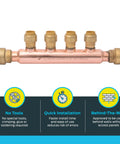 Open Four Port Push To Connect Brass Plumbing Tee Three Quarter Inch Inlet To One Half Inch Outlets For PEX Copper CPVC Systems Easily Split One Trunk To Multiple Lines With Durable Quick Connect Fittings