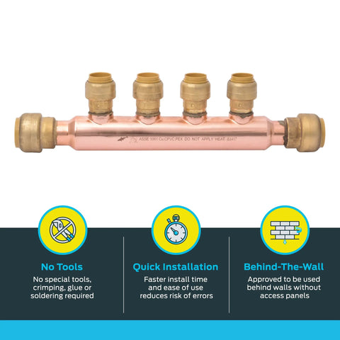 Open Four Port Push To Connect Brass Plumbing Tee Three Quarter Inch Inlet To One Half Inch Outlets For PEX Copper CPVC Systems Easily Split One Trunk To Multiple Lines With Durable Quick Connect Fittings