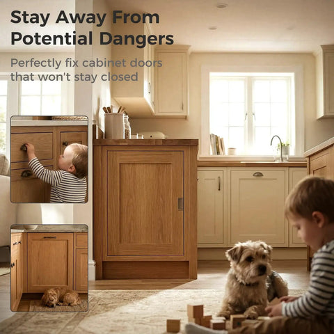 Kitchen with young child and dog playing, cabinet doors secured with Ultra Thin Magnetic Cabinet Door Catch Kit 10 Pack No Drilling Strong Adhesive Drawer Magnets So Doors Stay Closed Stainless Steel Cabinet Latch Keeps Doors Closed From Pets And Kids.
