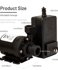 High Flow 12V DC Water Circulation Pump with Ultra Quiet Brushless Motor and 19.6 ft lift, size details and adapter shown