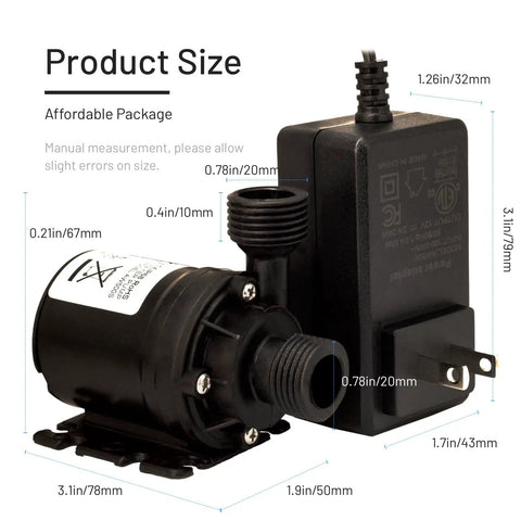 High Flow 12V DC Water Circulation Pump with Ultra Quiet Brushless Motor and 19.6 ft lift, size details and adapter shown