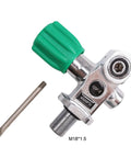 4500 Psi Scuba Tank Valve DIN Yoke M18x1.5 Copper Body High Flow Design shown with green valve knob and thread details