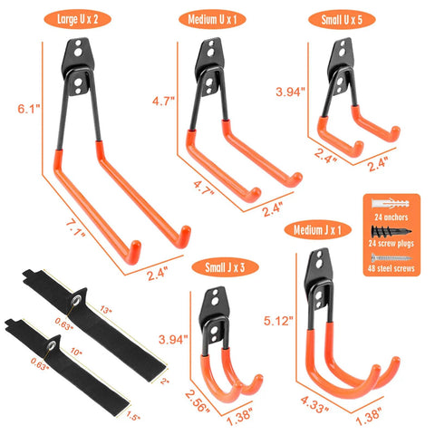 Heavy Duty Steel Garage Hooks 14 Pack With Tough Non Slip Coating Wall Mount Tool Hangers, various sizes and types displayed.