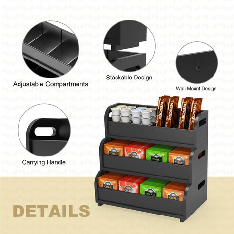 Go-To Tea Bag Organizer Rack With 3-Tier Bamboo Display, Stackable Wall Mount, Holds 180 Plus Tea Bags, Detail View