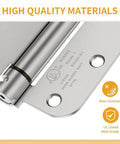 Close-up of 3.5 Inch 2 Pack Self Closing Door Hinges, brushed nickel finish, rust-resistant, showing details and UL listing.