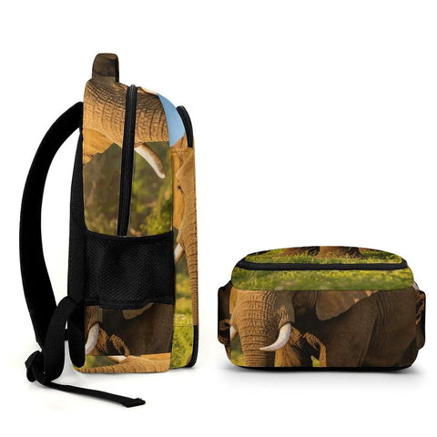 Side view of Savanna Tusked Elephant Printed Unisex Backpack Large Capacity Dope Durable Polyester With Breathable Fabric Smooth Zipper Easy To Clean Ideal For Everyday Use Travel School Gym And Outdoor Adventures