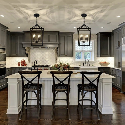 Elegant kitchen island with 4 Light Black Farmhouse Chandelier With Industrial Iron Lantern Cage Pendant Light
