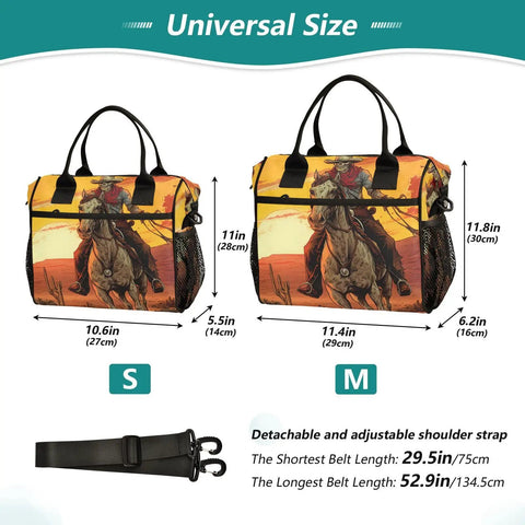Insulated Lunch Cooler Tote Bag For Outdoor Picnics And Camping with Skeleton Cowboy Desert Theme shown in size S and M