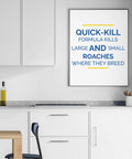 Fast Acting Liquid Roach Bait 6 Pack That Straight Up Wipes Out Pesky Cockroaches And Their Nests In Hours displayed on kitchen wall.