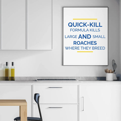 Fast Acting Liquid Roach Bait 6 Pack That Straight Up Wipes Out Pesky Cockroaches And Their Nests In Hours displayed on kitchen wall.