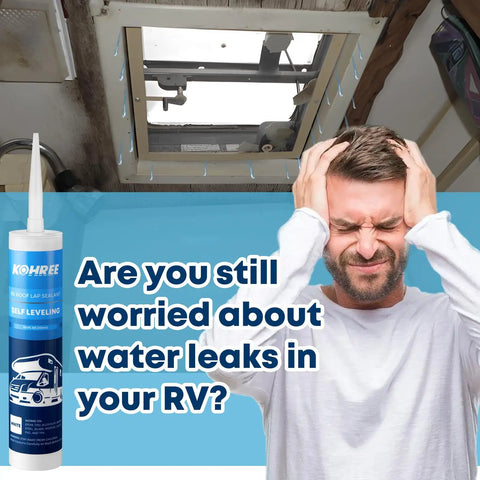 Man frustrated by RV roof leak with RV Roof Sealant Self Leveling White Two Pack Lap Caulk visible.
