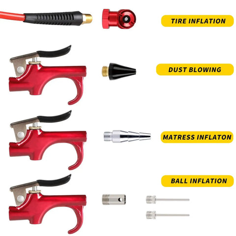 16 Piece Air Compressor Accessory Kit With One Quarter Inch Recoil Polyurethane Air Hose 23 Foot, Blow Gun And Fittings