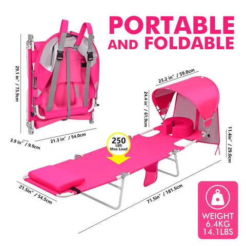 Outdoor Sunbathing Lounge Chair With Canopy Shade And Face Hole Padded And Washable Six Position Layout for poolside use, pink and foldable.