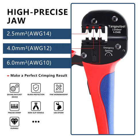 Close-up of Solar Crimping Tool For PV Cables YG-2546B showing high-precision jaw details for AWG 14-10, 2.5/4/6.0mm2 connectors.