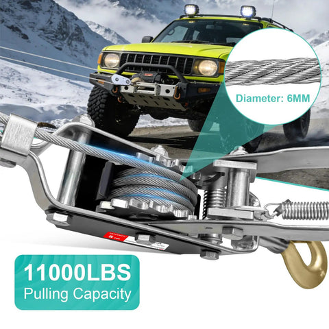5 Ton Beefed Up Come Along Winch With 11 Foot Steel Cable Three Hooks Heavy Duty Hand Winch showing 11000LBS pulling capacity