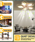 Bladeless Ceiling Fan With Lights 26.3 Inch Low Profile Flush Mount Indoor Fan with remote control in living room showing low, medium, high wind settings and quiet design.