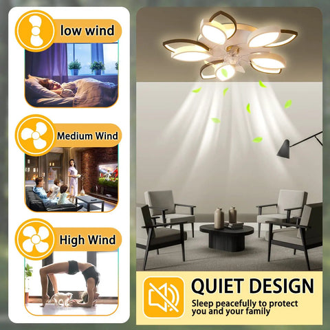 Bladeless Ceiling Fan With Lights 26.3 Inch Low Profile Flush Mount Indoor Fan with remote control in living room showing low, medium, high wind settings and quiet design.