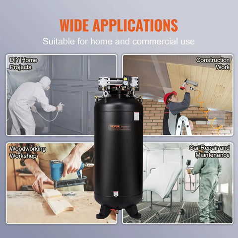 Wide application of Quiet Badass 80 Gallon Air Compressor 6.5 HP Oil Free Tank in DIY projects and car repairs.