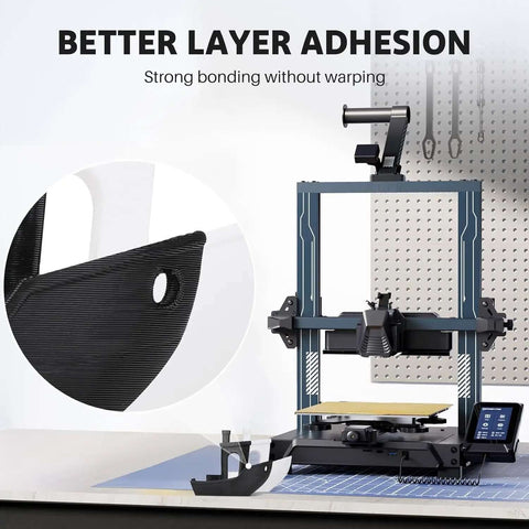 3D printer setup highlighting better layer adhesion with Silk PLA Filament 1.75mm Black Metallic Gloss for 3D Printing on a 1kg Spool.