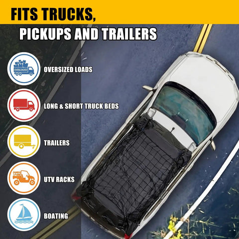 Overhead view of truck with Truck Bed Cargo Net Kit With Stretchable 4x6 to 8x12 Net and Removable Waterproof Tarp Cover