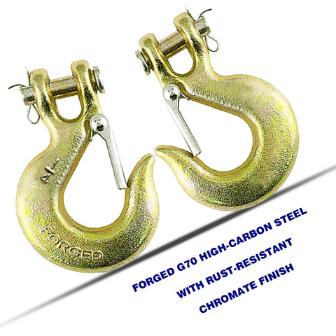 Pair of Forged G70 Hooks with latch, chromate finish, Beefy Heavy Duty Forged G70 Clevis Slip Hooks With Safety Latch One Quarter Inch Chain Hooks Twelve Pack For Trailer And Truck Transport One Half Inch Opening 12600 Lb Capacity Industrial Grade Tow Hooks