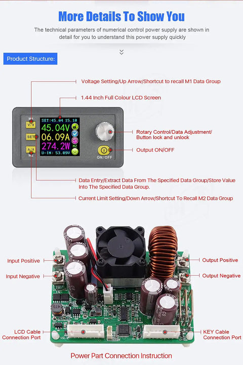 DC 6-60V To 0-50V 20A Constant Current Step-Down Buck Power Supply Module With Voltmeter display and component layout