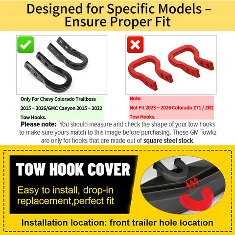 Infographic showing tow hook compatibility for Chevy Colorado Trail Boss and GMC Canyon, highlighting correct and incorrect models.