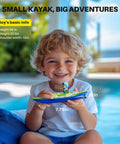 Child holding Dual RC Kayaks For Kids 6-12 With Magnetic Dolphin Nose And Three Balls beside a pool, showing scale.
