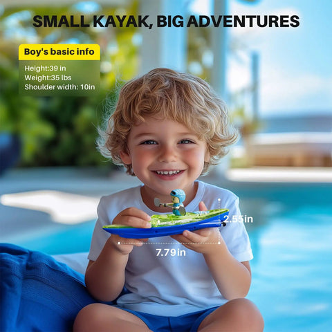Child holding Dual RC Kayaks For Kids 6-12 With Magnetic Dolphin Nose And Three Balls beside a pool, showing scale.