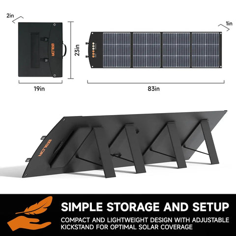 200W Monocrystalline Portable Folding Solar Panel Charger with kickstand, 83x25in dimensions, lightweight design.