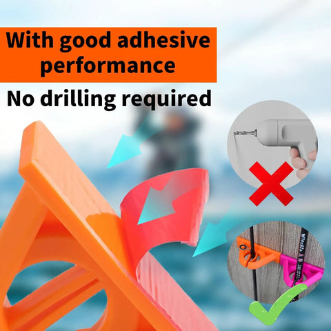 Six Pack Red Silicone Adhesive Rod Racks With No Drill Wall Mount Holds Fishing Poles From 2mm To 15mm Ideal For Garage Boat And Car Storage Easy Peel And Stick Strong Grip Durable And Bright Red image shows adhesive performance