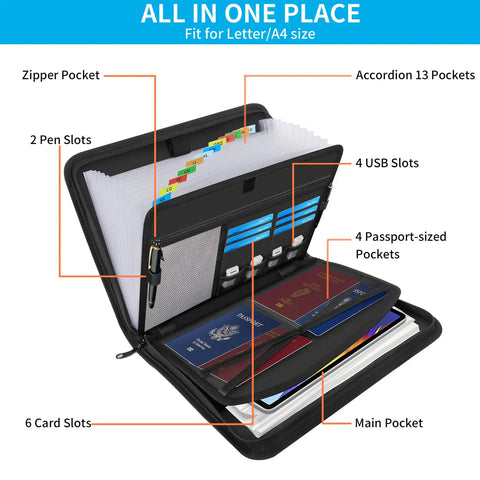 Open Fireproof Accordion File Organizer With Lock And Handle 13 Pocket Expanding File Binder showing compartments and documents