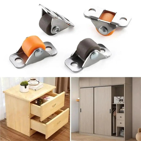 Heavy Duty Half Inch Mini Furniture Casters With Kickass Silent Glide Rubber Tires And Solid Steel Mounting Plates For Quick Home Office Upgrades And Desk Repairs on a wooden drawer unit.