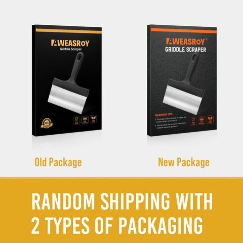 Heavy Duty Stainless Steel Griddle Scraper With Five Inch Handle shown in two different packaging options