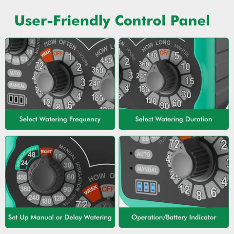 Control panel of three dial analog sprinkler timer with brass inlet and outlet for garden hose, showing manual and rain delay modes.