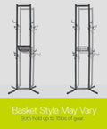 Two freestanding gravity racks with different baskets for bike storage, holds up to four bicycles, no drilling required.