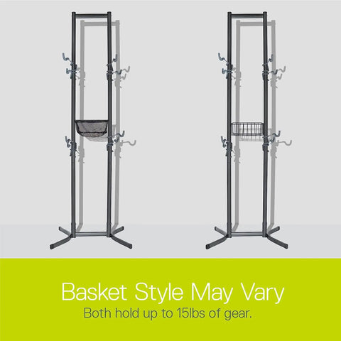 Two freestanding gravity racks with different baskets for bike storage, holds up to four bicycles, no drilling required.