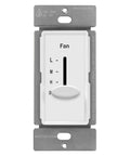 Front view of 3 Speed In Wall Ceiling Fan Control With Slider Switch For Quiet Operation No Fuss Easy Install 120V AC 2.5A Single Pole No Neutral Wire Required White Decorator Style Fan Controller Fits Residential Or Commercial Fans.